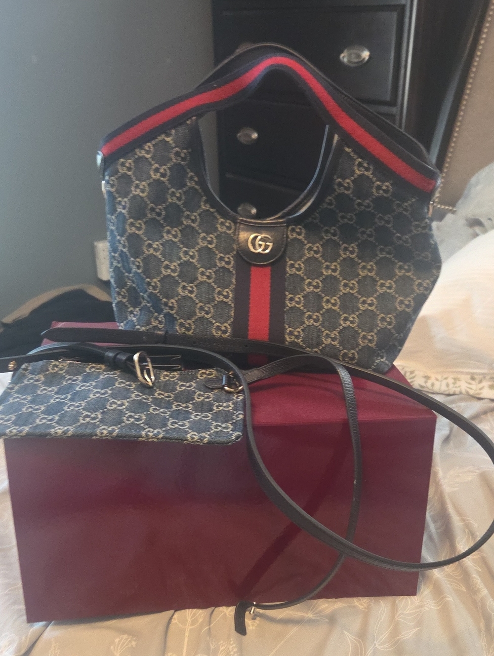 Gucci Blue GG Denim Tote with Red Web Stripe and Black Trim